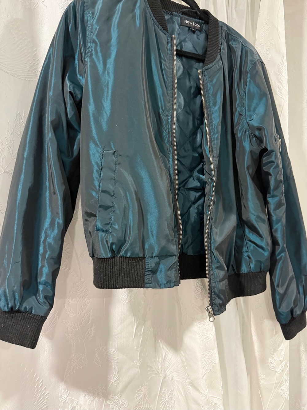 New Look Teal Shimmer Bomber Jacket with Black Trim
